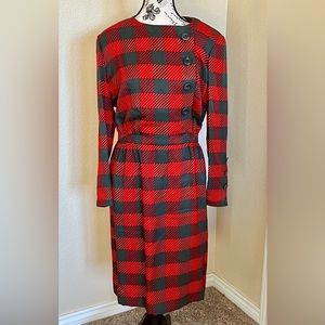 Vintage 80s/90s AKRIS of Switzerland Red Green Plaid silk dress 10 Button